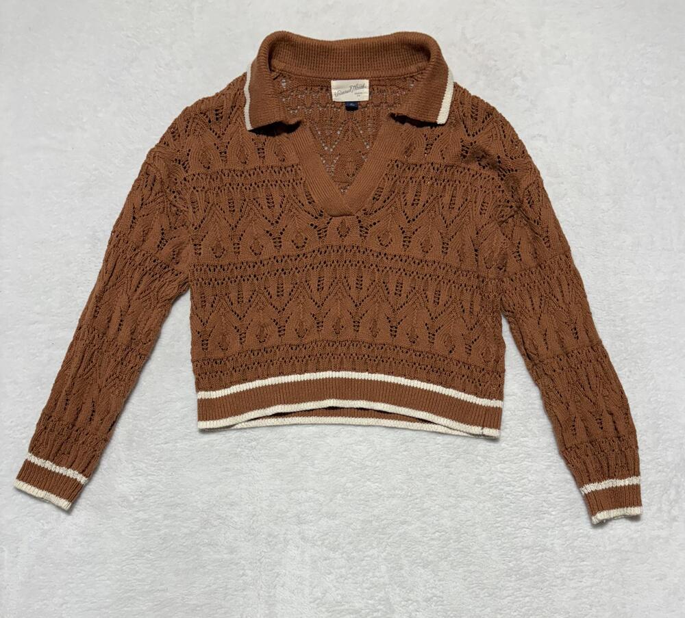 Universal Thread Sweater Womens XS Brown Collared V-Neck Cropped Pointelle Knit